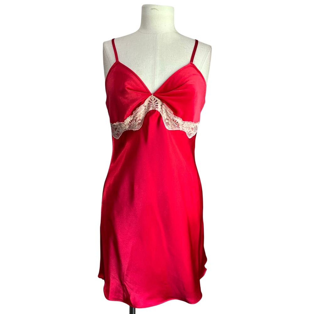 Vintage Y2k Cinema Etoile Satin Red Lace Velvet Mini Slip Dress Size M
